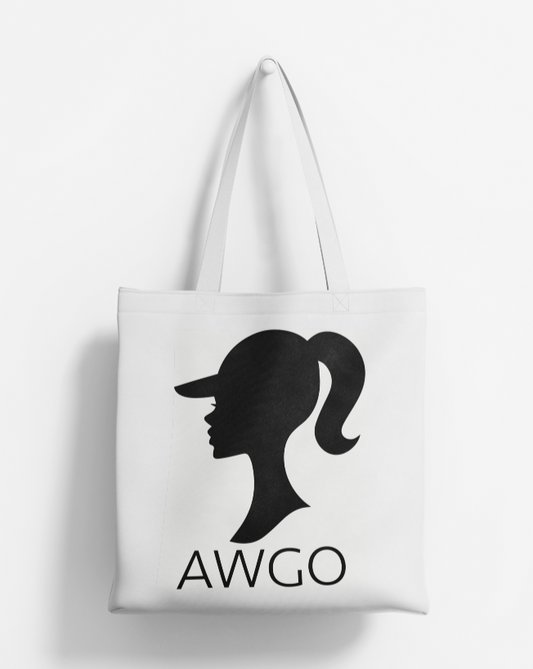 White tote bag with AWGO Golf Logo